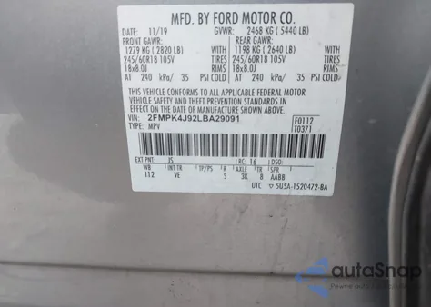 2020 Ford Edge Sel z USA, uszkodzony, nr VIN 2FMPK4J92LBA29091